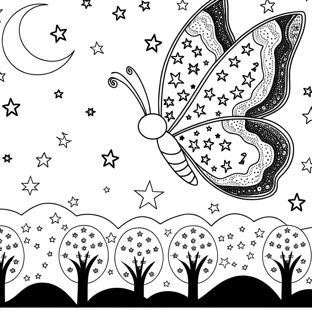 Fantasie-Schmetterling mit Sternenmustern im Nachtgarten