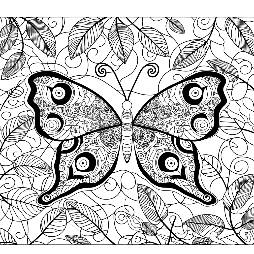 Ausmalbild: Pfauenauge Schmetterling mit Mandala-Hintergrund