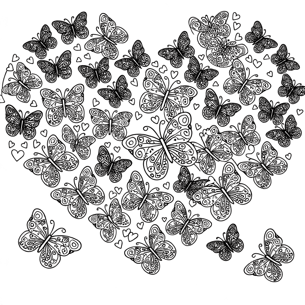 Coloring Page: Heart Made of Butterflies