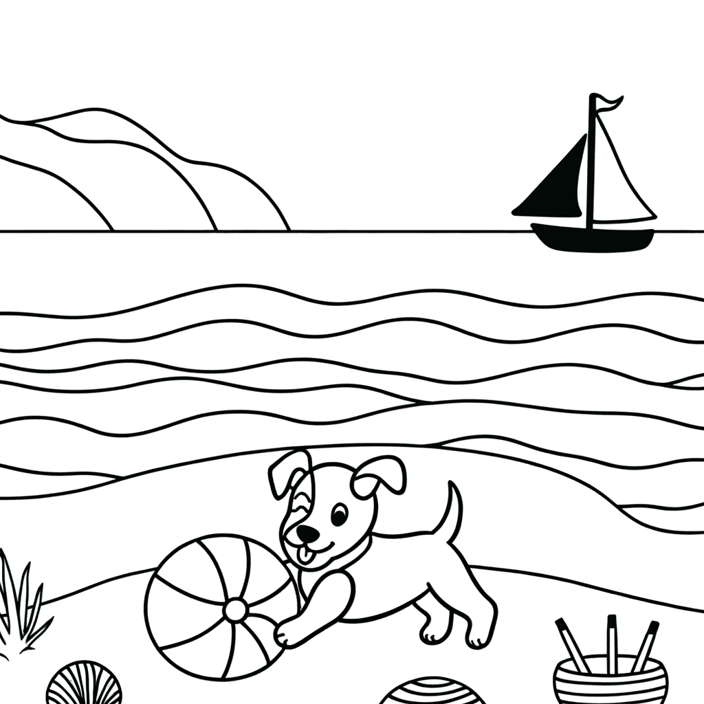Hund mit Wasserball am Strand