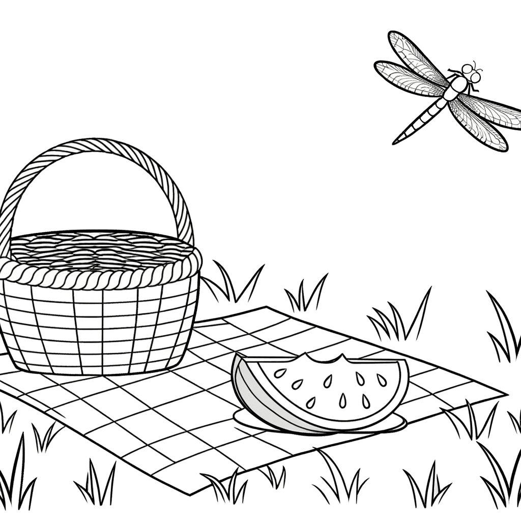 Ausmalbild: Sommer-Picknick mit Wassermelone und Libelle