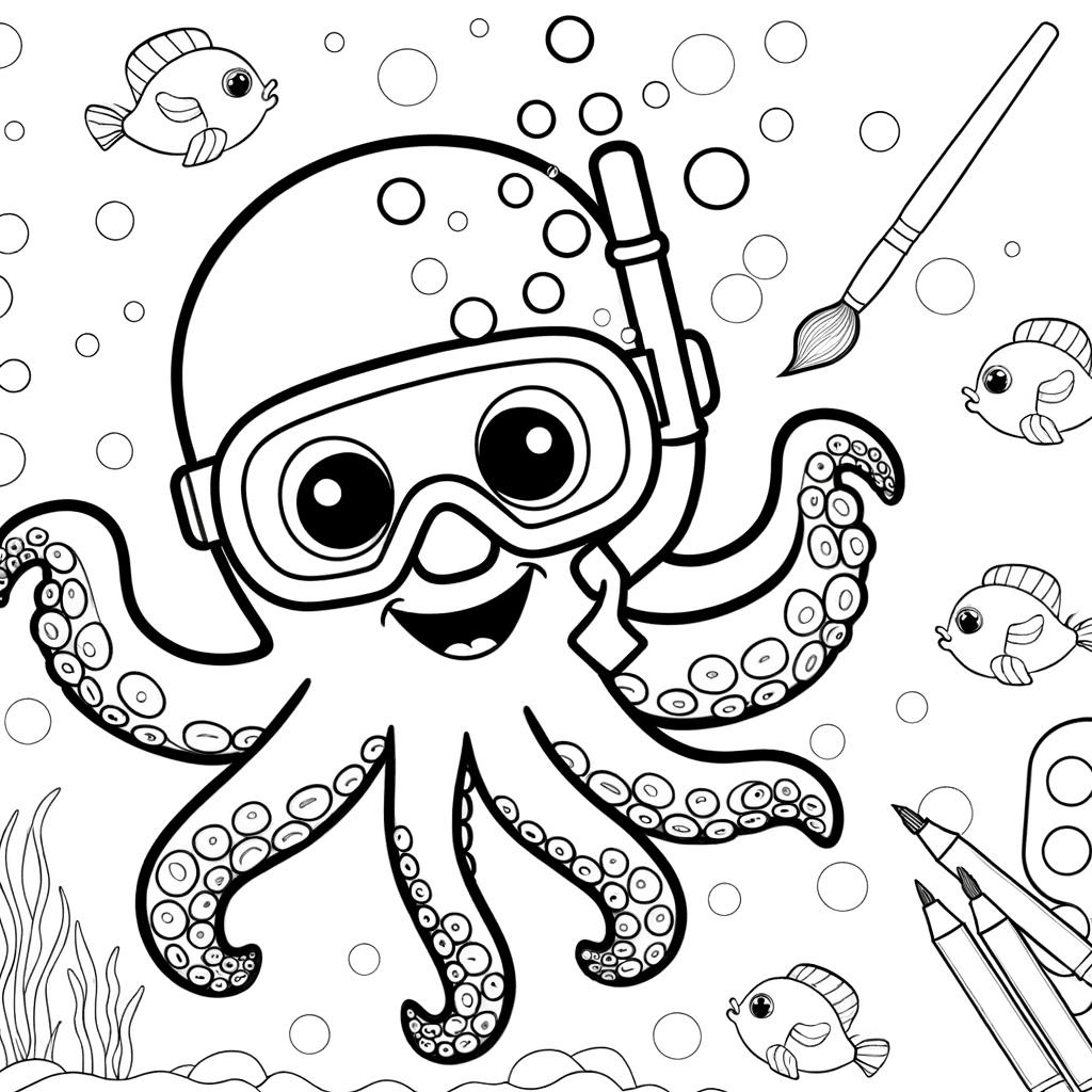 Ausmalbild: Fröhlicher Oktopus mit Taucherbrille