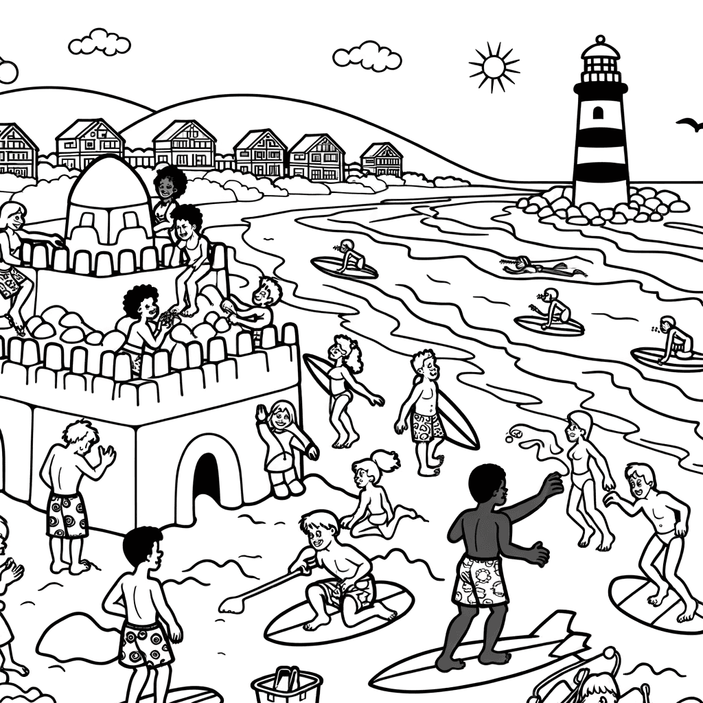 Ausmalbild: Belebter Strand mit Sandburg, Surfern und Leuchtturm