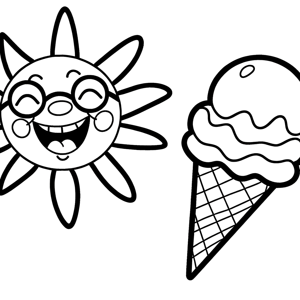 Lachende Sonne mit Sonnenbrille und Eis Ausmalbild