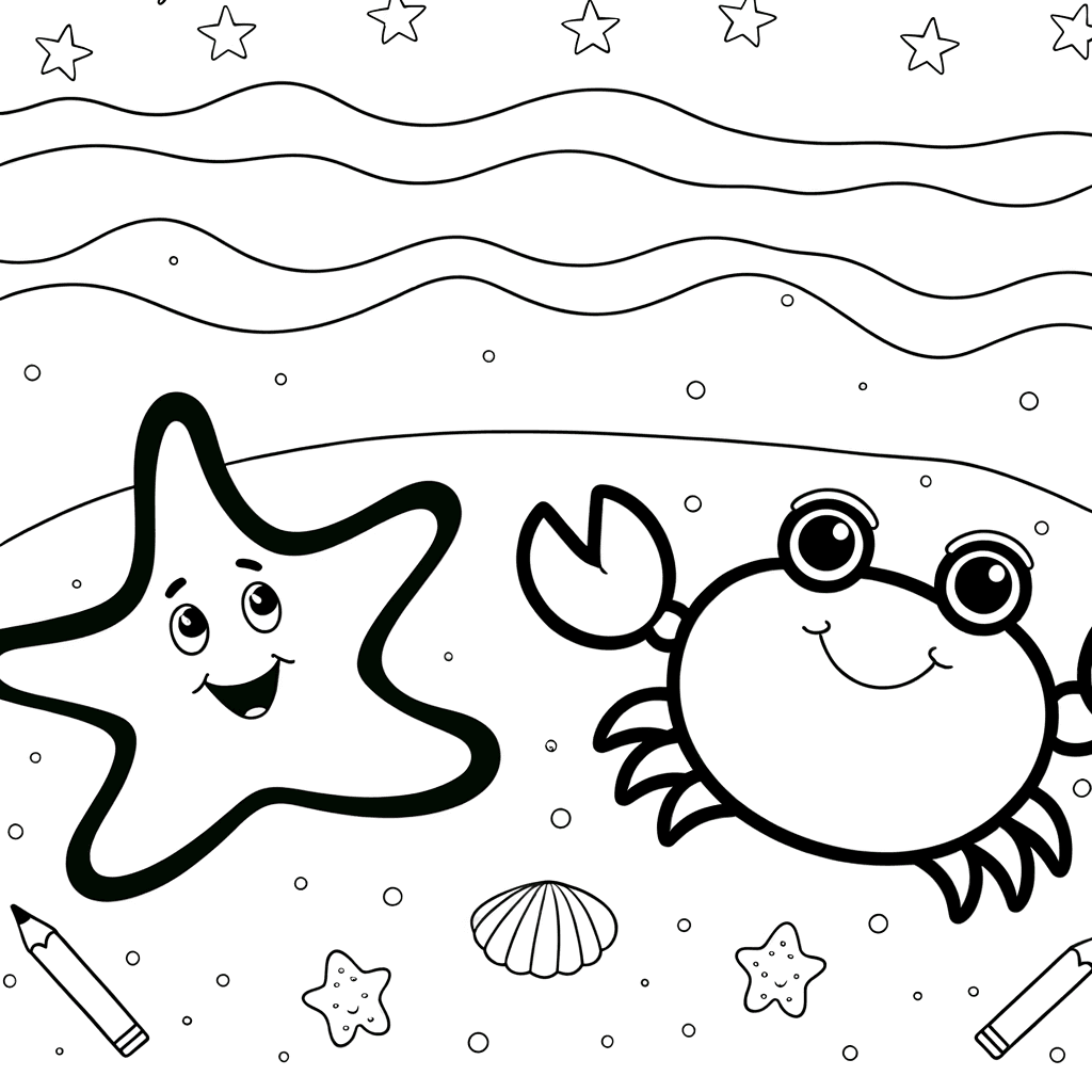 Dibujo para colorear: Estrella de mar y cangrejo feliz