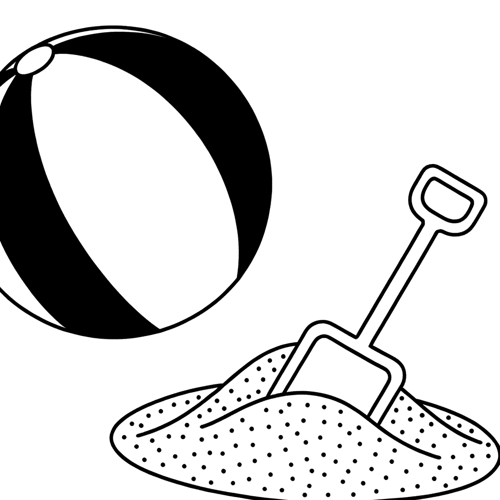 Ausmalbild Wasserball und Sandschaufel am Strand