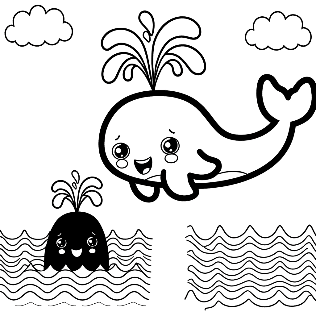 Süßer Wal mit Wasserfontäne und Wellen