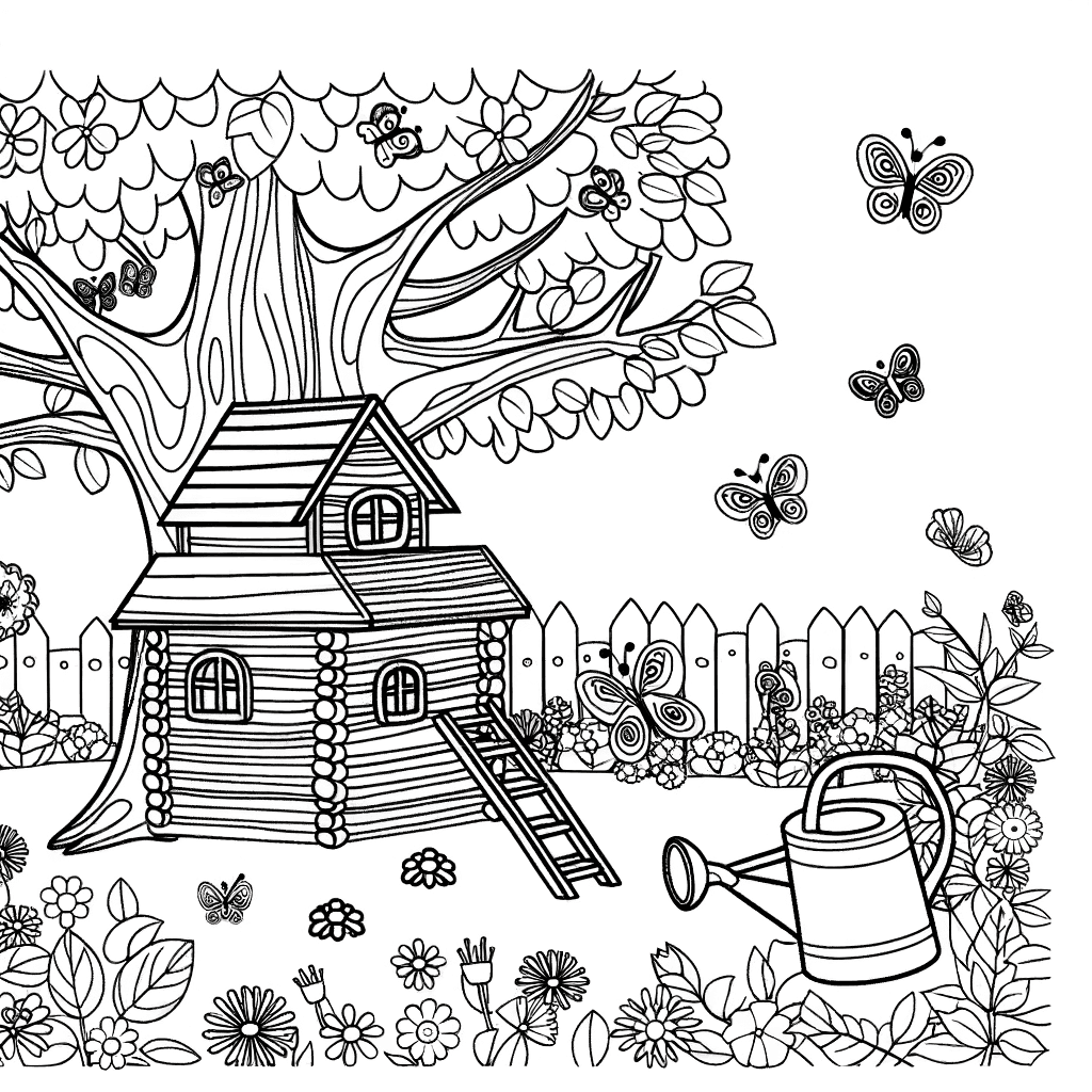 Baumhaus im Sommergarten mit Blumen & Schmetterlingen