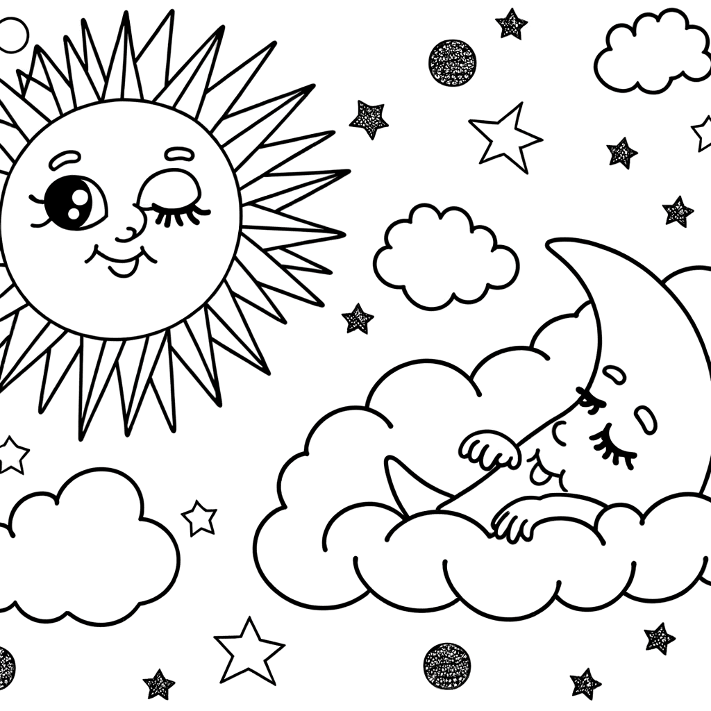 Sonne, Mond und Sterne auf einer Wolke