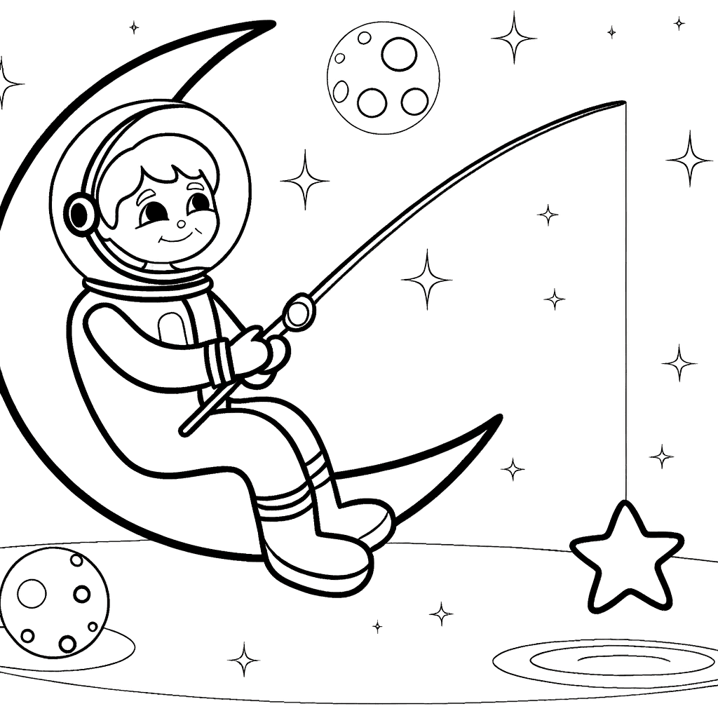 Ausmalbild: Kleiner Astronaut angelt Sterne auf dem Mond