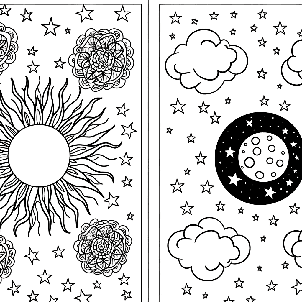 Dibujo para colorear Sol, Luna y Estrellas: Mapa Celestial de Día y Noche
