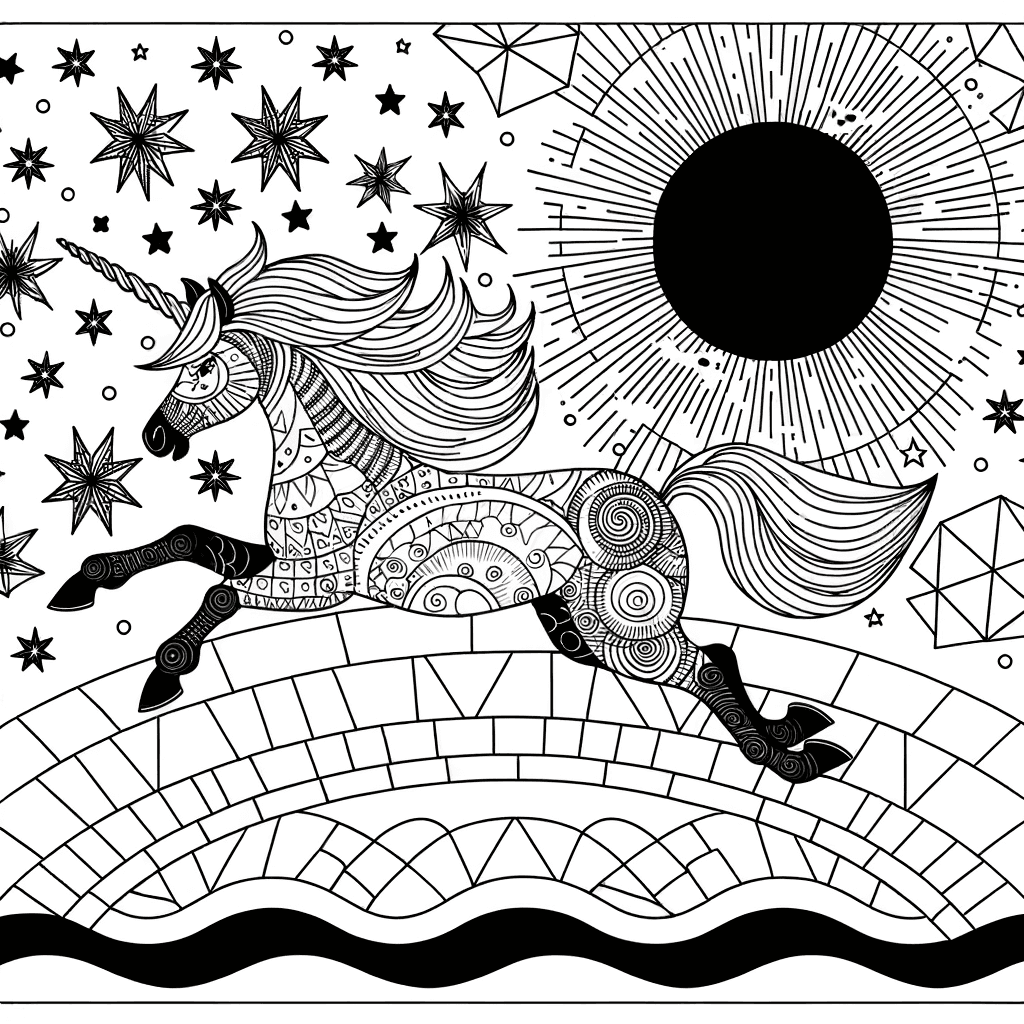 Einhorn auf Sternenstaub-Brücke mit Sonnenfinsternis