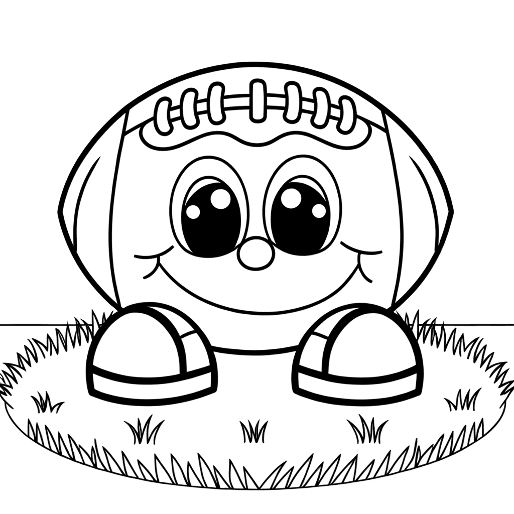 Grappige voetbal met gezicht op het gras – Kleurplaat voor kinderen