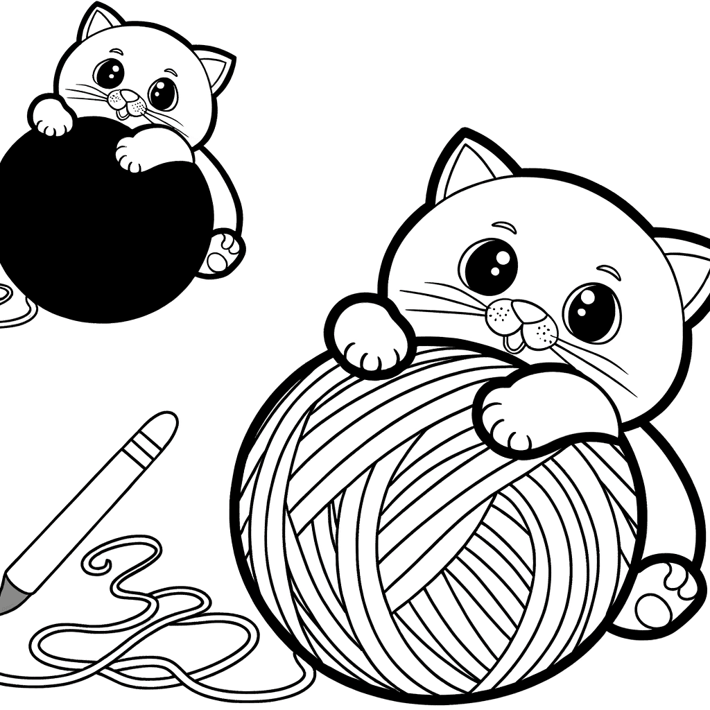 Dibujo para colorear: Gatito bebé con ovillo de lana