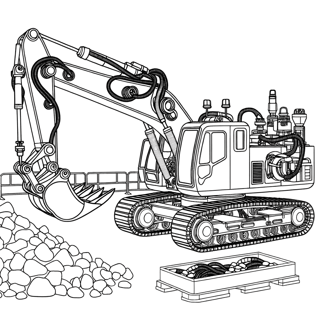 Detaillierter Bagger auf der Baustelle Ausmalbild