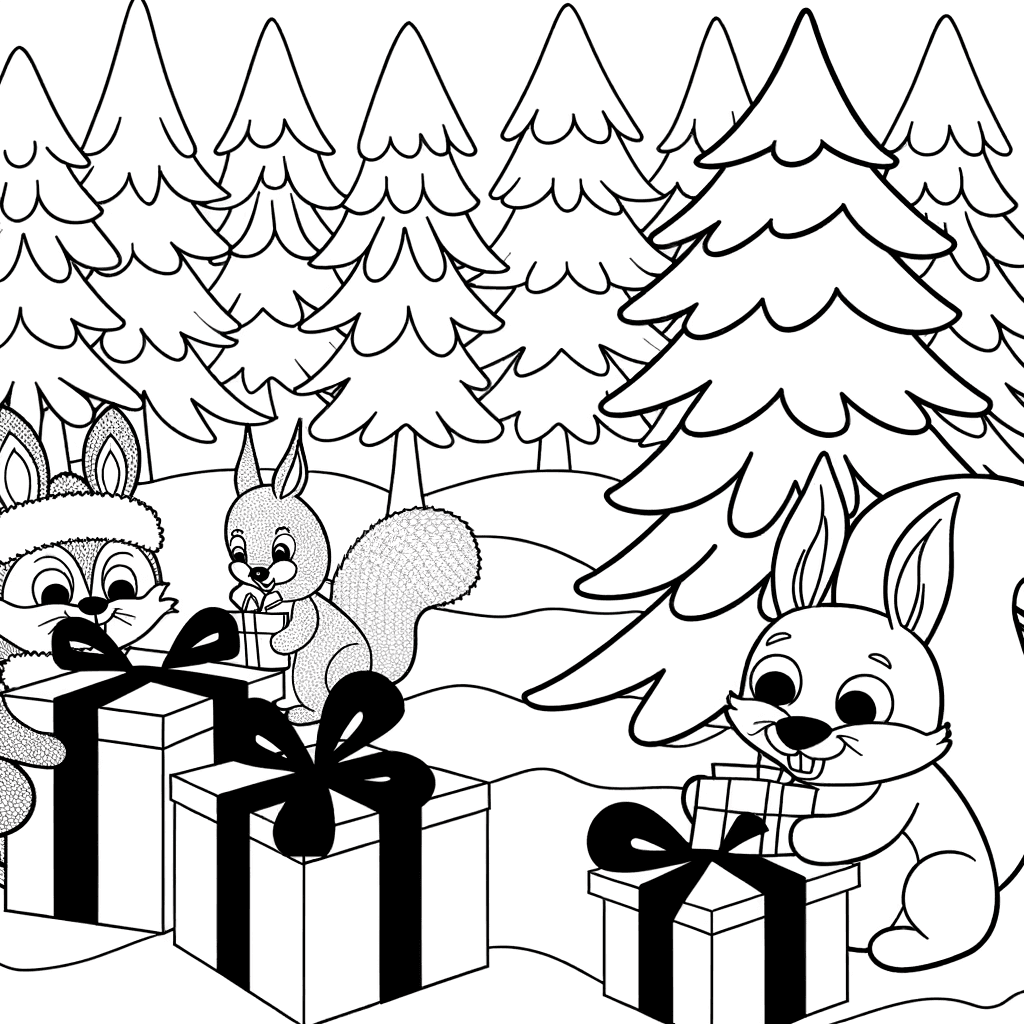 Waldtiere unterm Weihnachtsbaum Ausmalbild