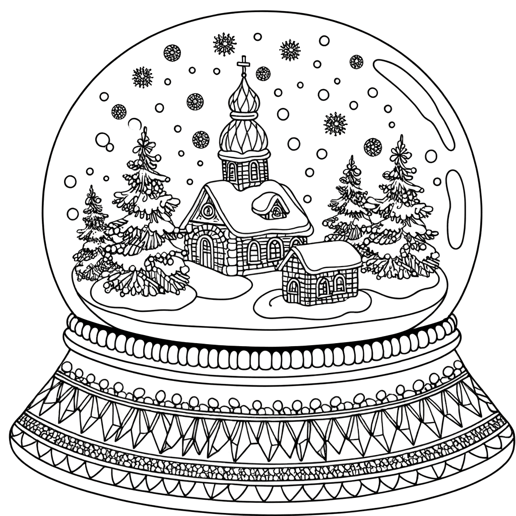Ausmalbild: Magische Schneekugel mit Winterstadt