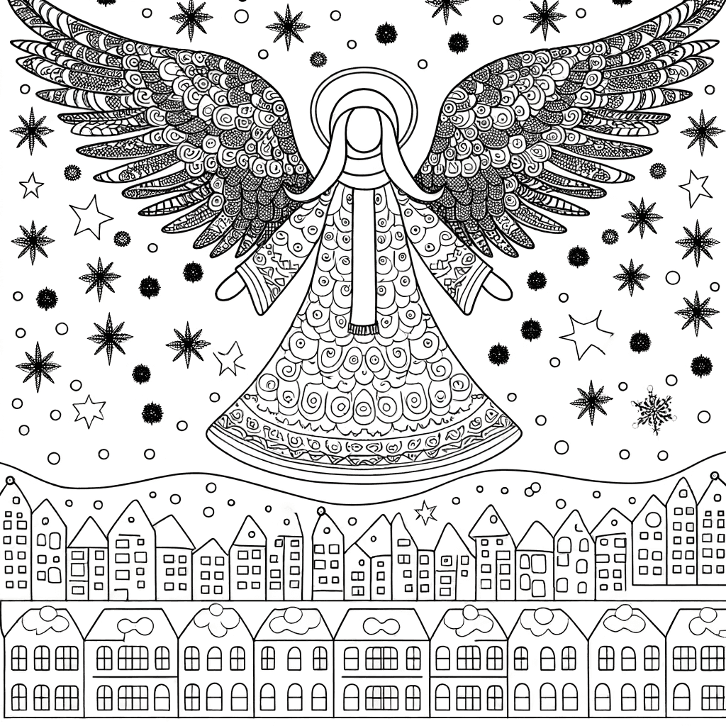 Ausmalbild: Majestätischer Weihnachtsengel über der Stadt