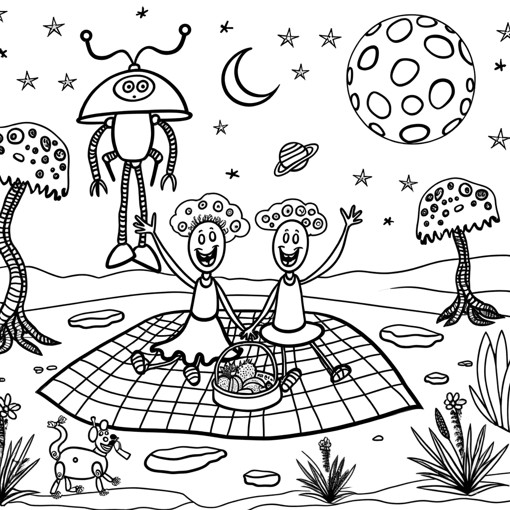 Ausmalbild: Alien-Familie beim Picknick auf dem Mond
