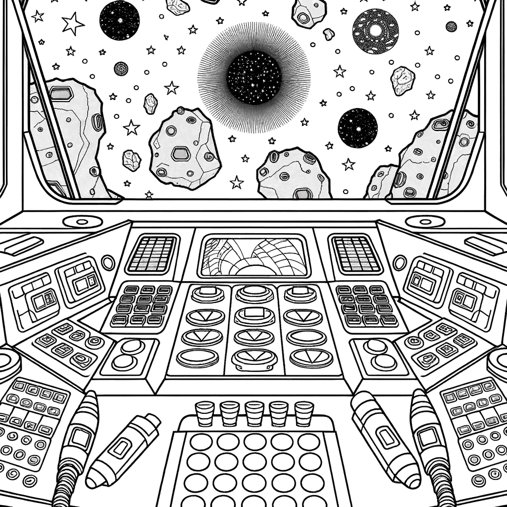 Raumschiff-Cockpit mit Blick auf Asteroiden und Supernova