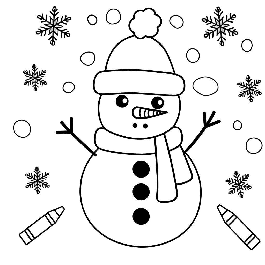 Süßer Schneemann im Schneefall