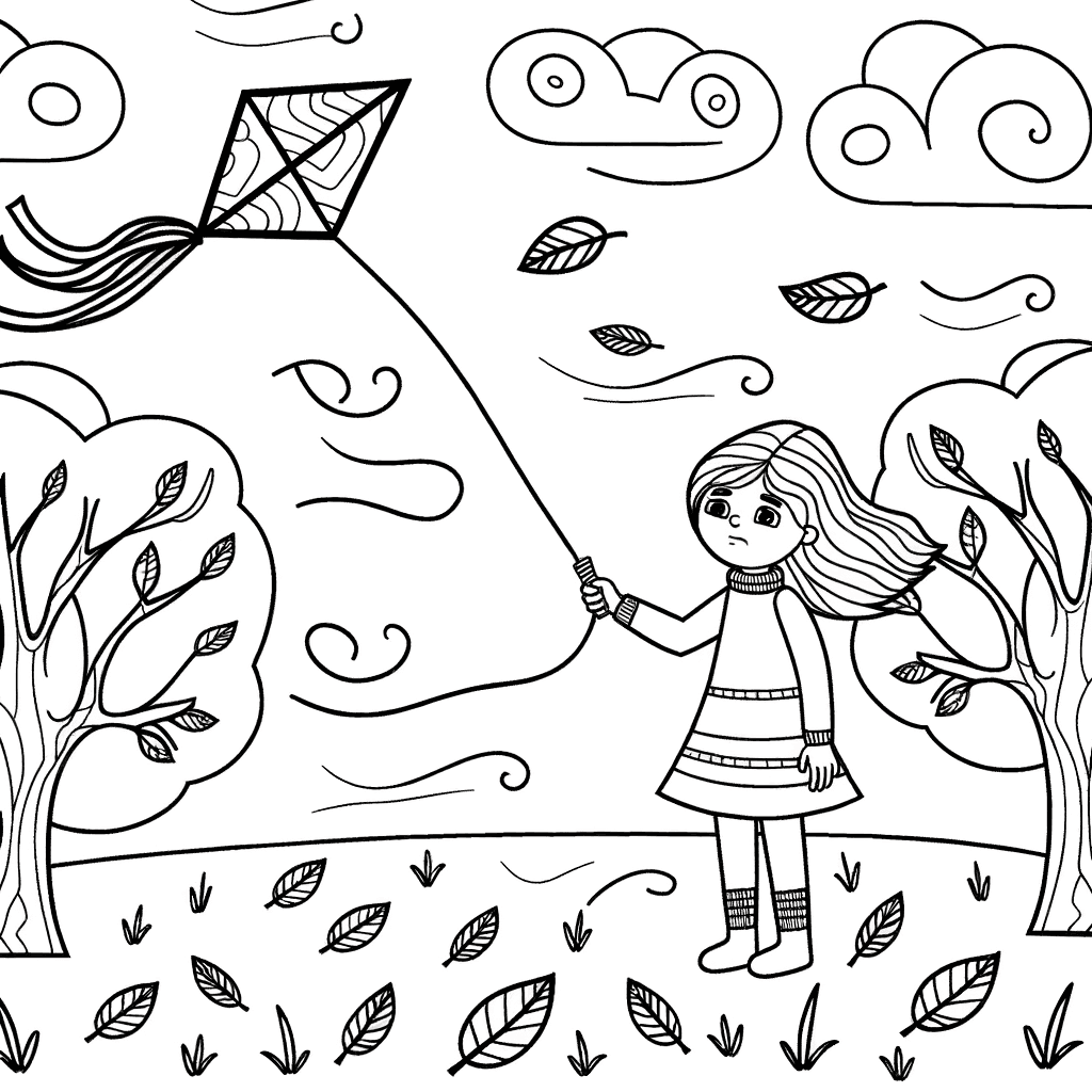 Windiger Tag mit Drachen: Ausmalbild für Kinder