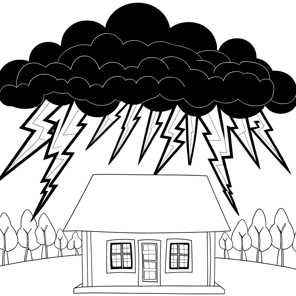 Ausmalbild Gewitter: Blitz und gemütliches Haus