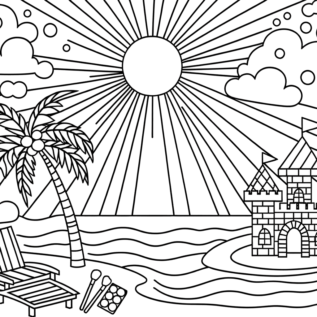 Ausmalbild Sommerlicher Strand mit Palme und Sandburg