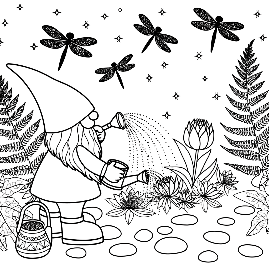 Jardín Mágico de Gnomos por la Noche para Colorear