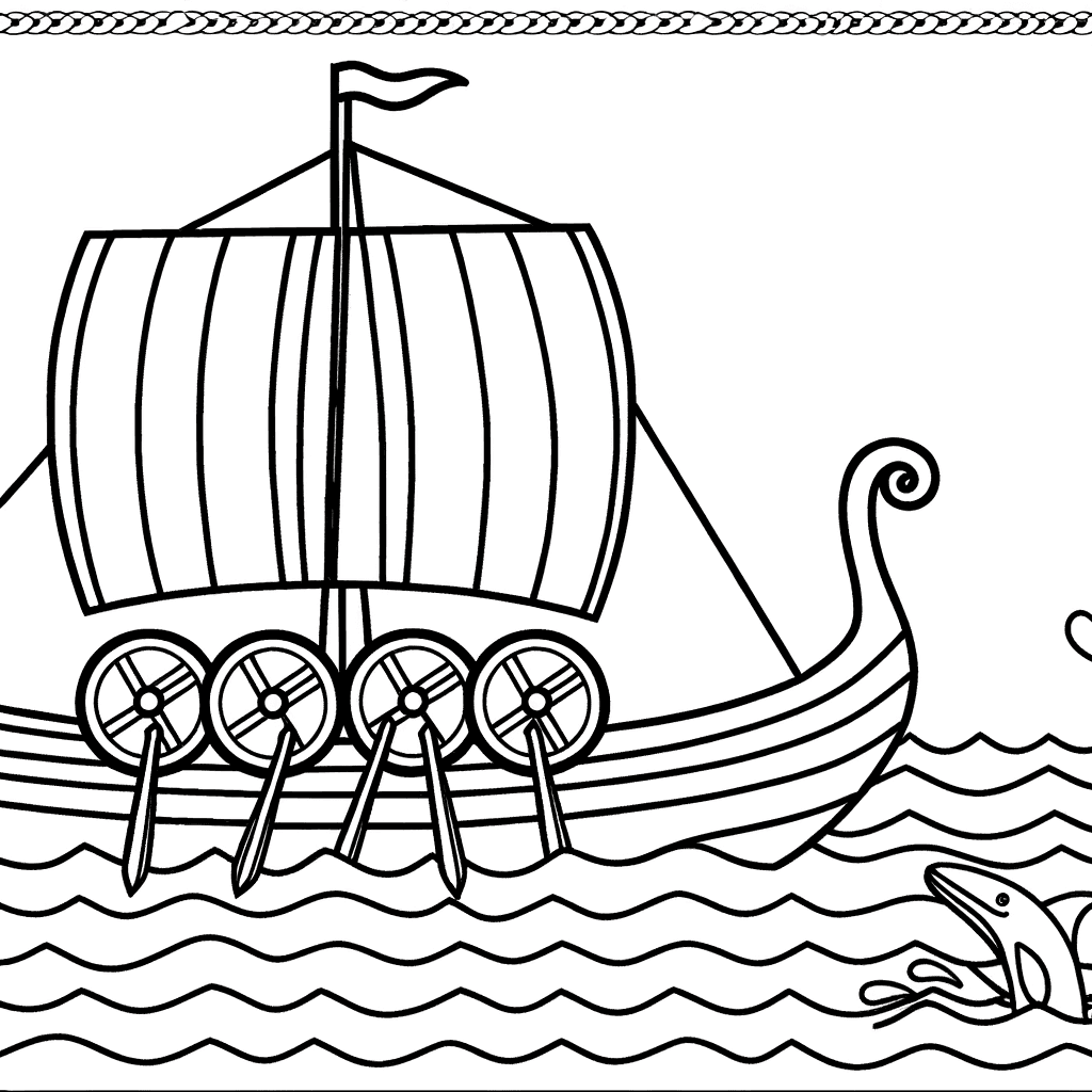 Wikinger-Langschiff auf dem Meer mit Wal Ausmalbild