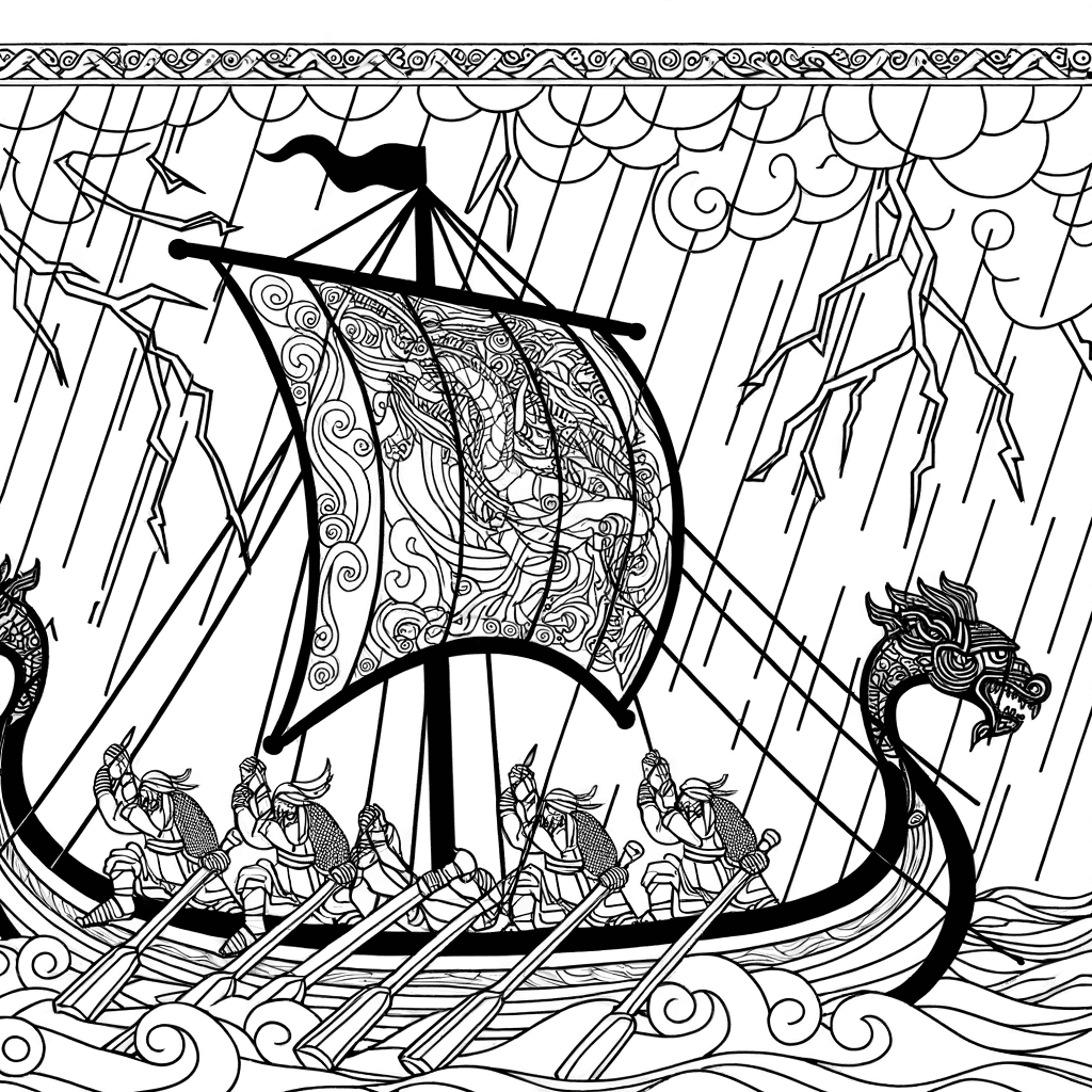 Wikingerschiff im Sturm: Ausmalbild mit Drachenboot und Blitzen