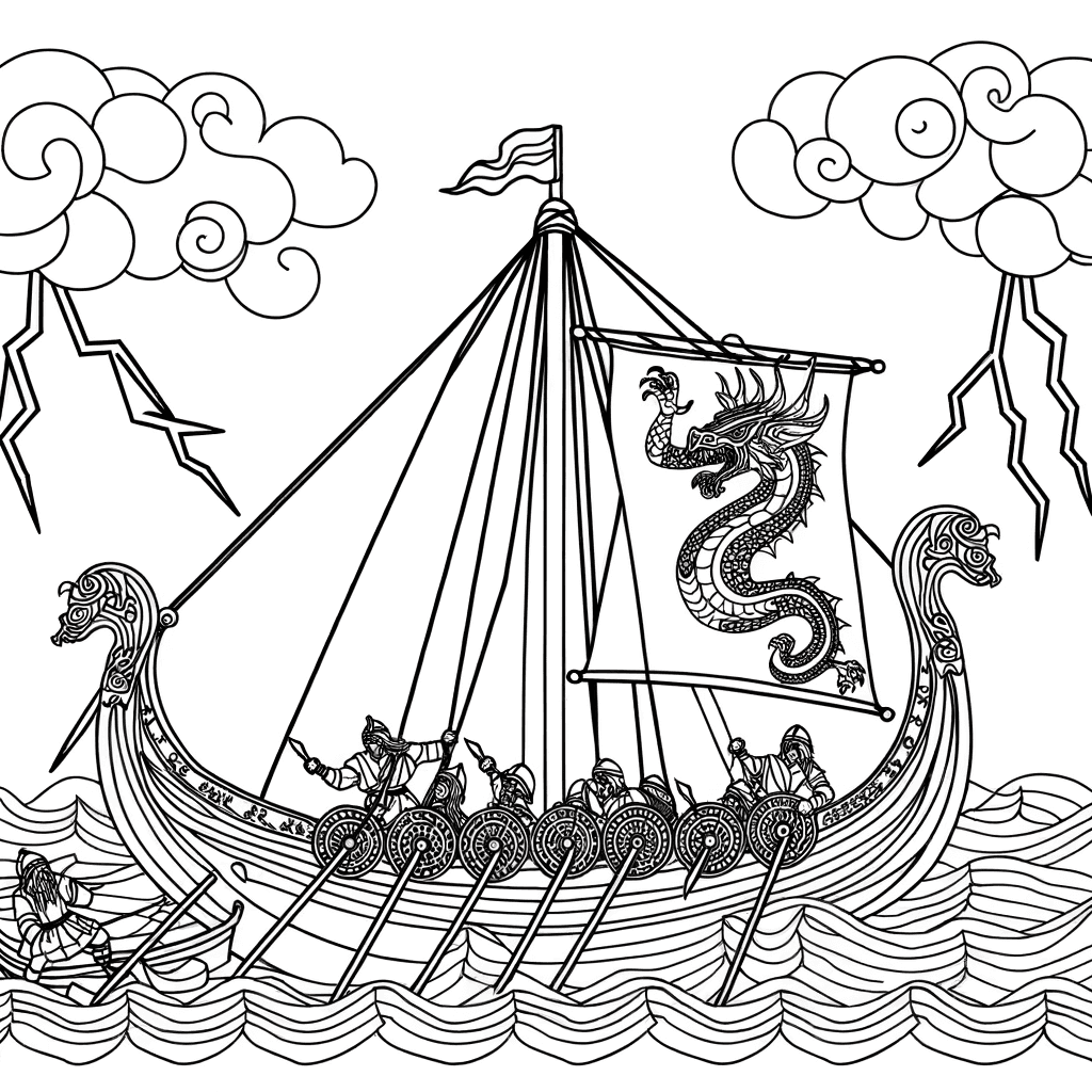 Wikingerschiff im Sturm: Ausmalbild mit Drachenboot und Blitzen
