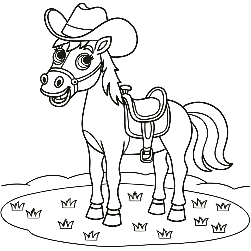 Fröhliches Cowboy-Pferd auf der Wiese Ausmalbild