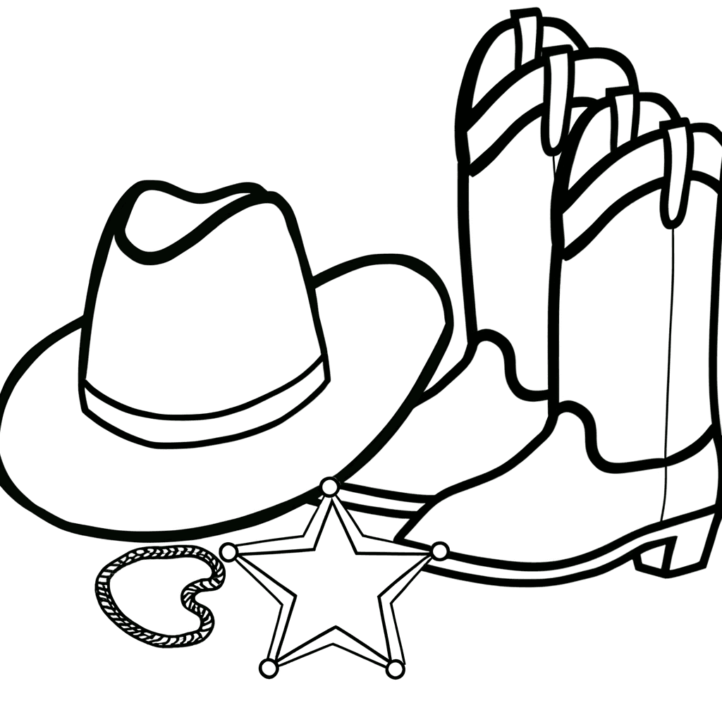 Dibujo para colorear: Sombrero de vaquero, estrella de sheriff y botas