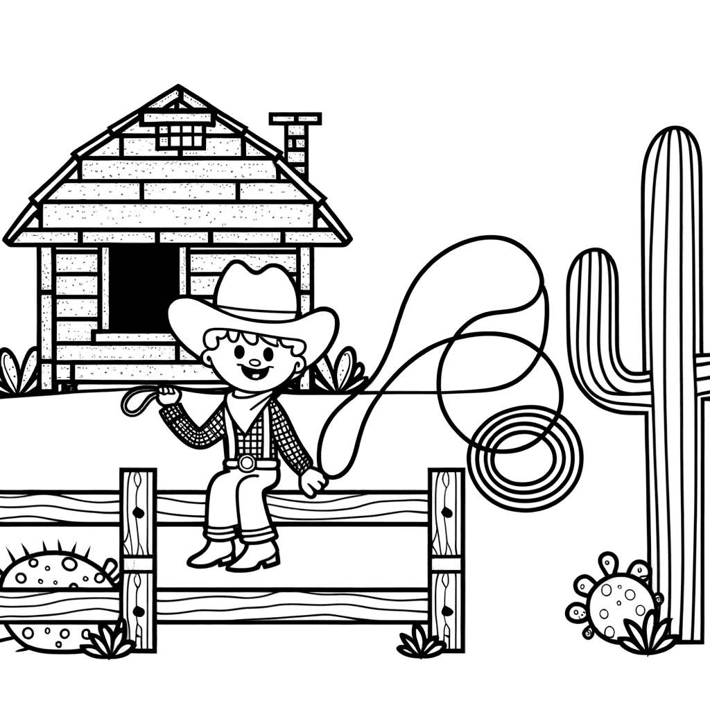 Kleiner Cowboy auf Zaun mit Lasso Ausmalbild
