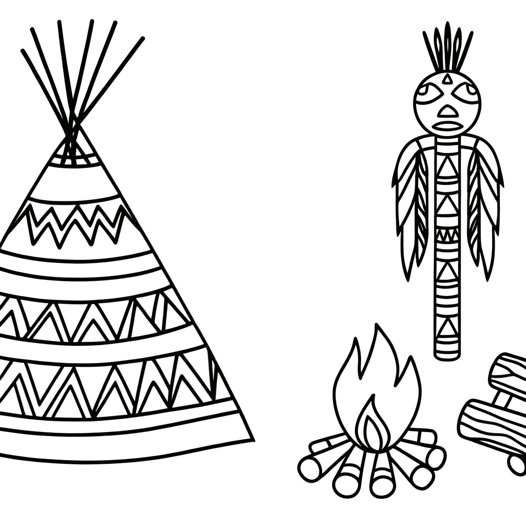 Wilde Westen: Indiaanse tipi en totempaal kleurplaat
