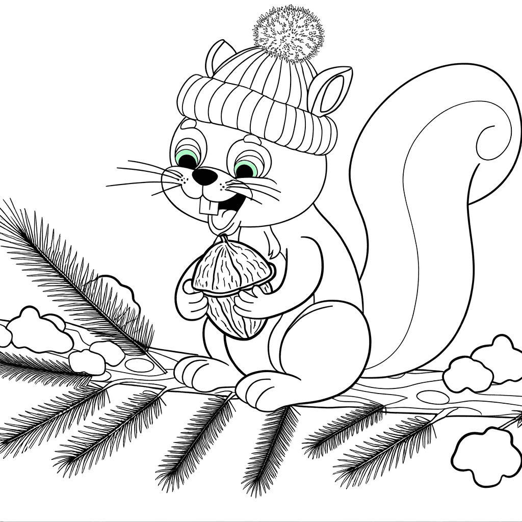 Winter-Eichhörnchen mit Mütze und Nuss