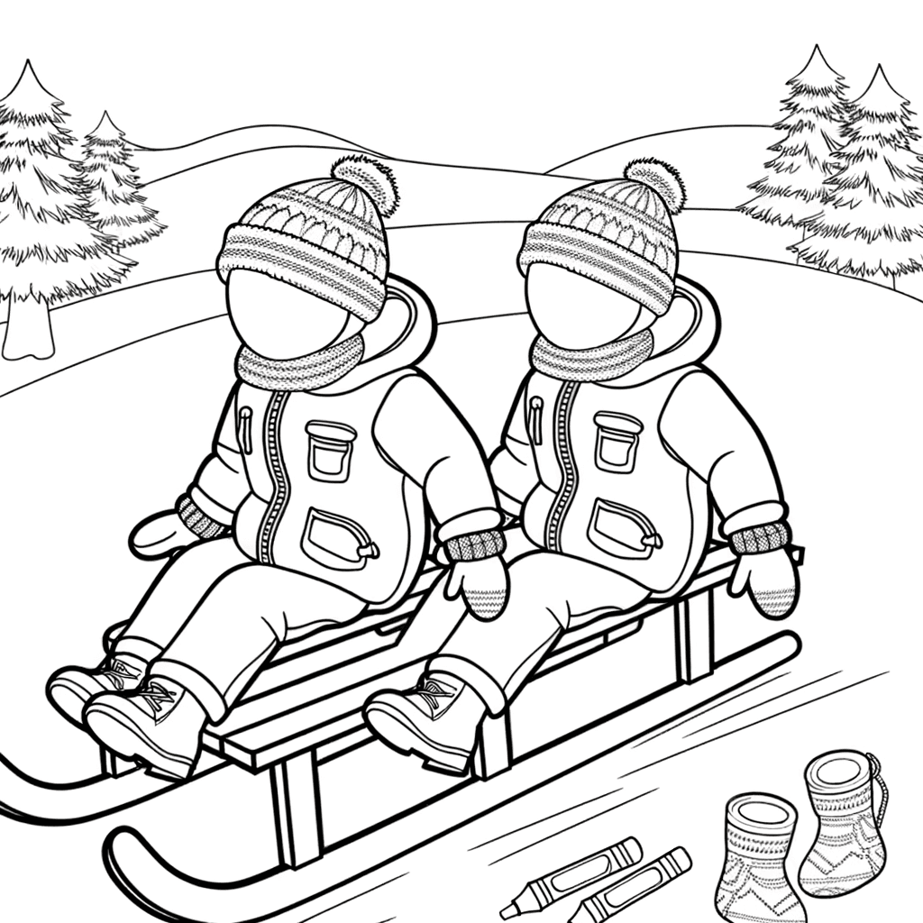 Ausmalbild: Kinder beim Schlittenfahren im Winter