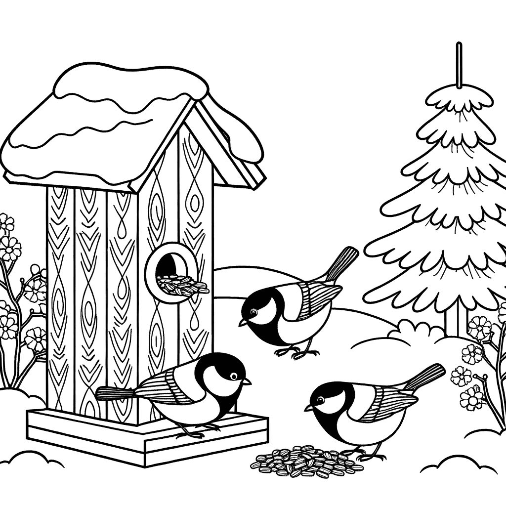 Ausmalbild: Gemütliches Vogelhaus im Winter mit Meise & Rotkehlchen