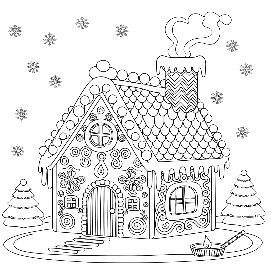 Lebkuchenhaus im Winterwald Ausmalbild