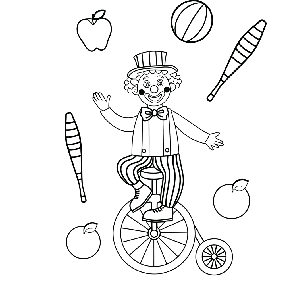 Jonglierender Clown auf dem Einrad – Ausmalbild